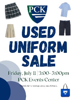 PCK's Used Uniform Sale will take place on July 11 from 3:00-5:00 p.m.